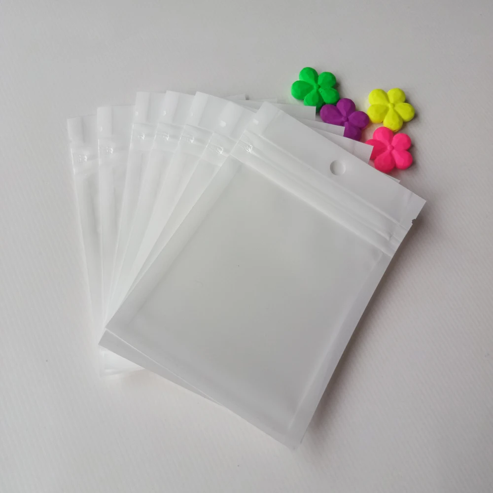 500pcs 14*20cm White/Clear Self Seal Zipper Plastic Packaging Poly Bag Pearl Film Ziplock Jewelry Bags Package With Hang Hole