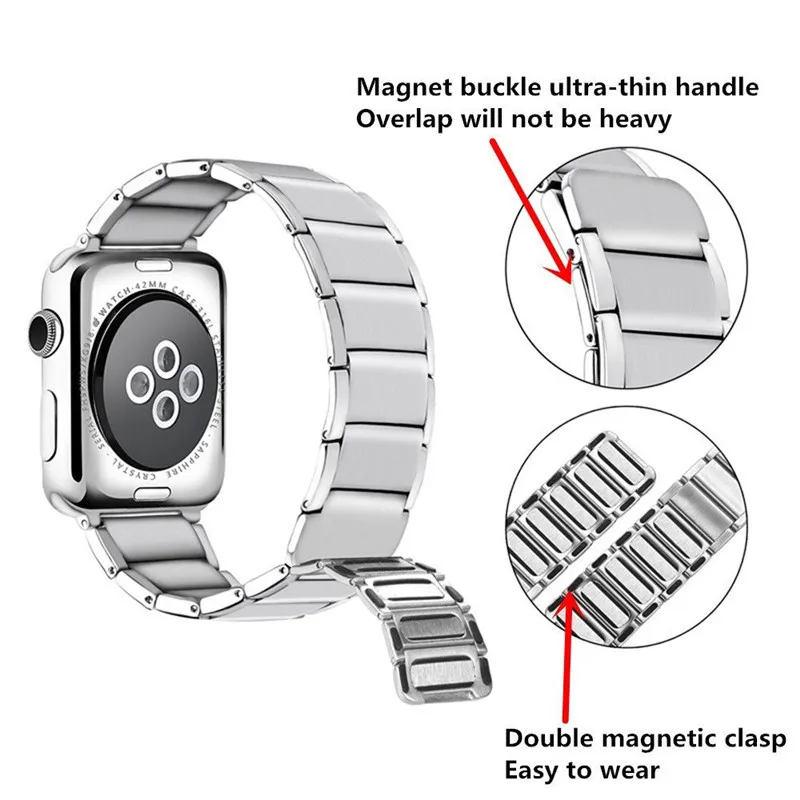 40/44mm Wrist Strap For Apple Watch Series 7 6 5 4 45mm Stainless Steel Magnetic Clasp Leather Watch Band For Apple Series 1 2 3