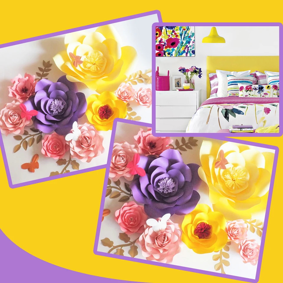 

2018 DIY Half Made Giant Paper Flowers Backdrop 9pcs+Leaves 5pcs+Butterflies 5pcs Bedroom Wall Deco Mix Colors Video Tutorials