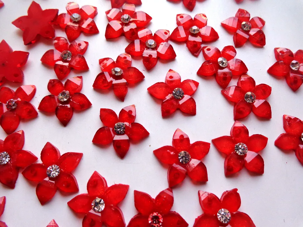 60pcs sew on  crystls flower shape 15mm flatback red rhinestones 2 holes silver diamond gem stone  for dress