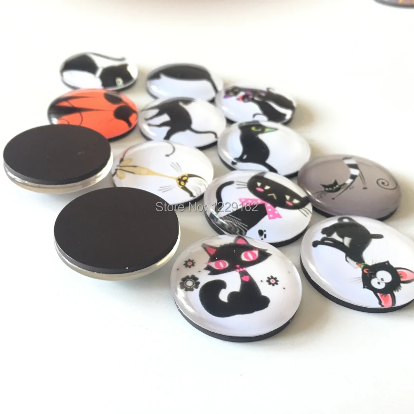 Free Shipping (13pcs/lot) Black Cat Round Glass Fridge Magnet Cartoon Animal Message sticker for kids Kitchen home Decor