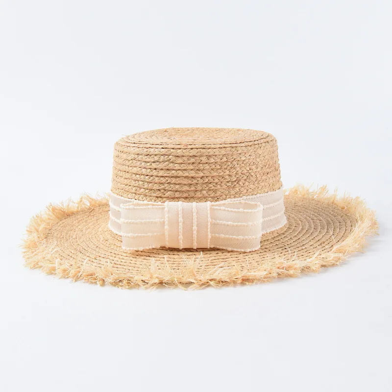 USPOP Fashion summer hats for women raffia wide brim sun hats rough edges flat top  bow beach hats