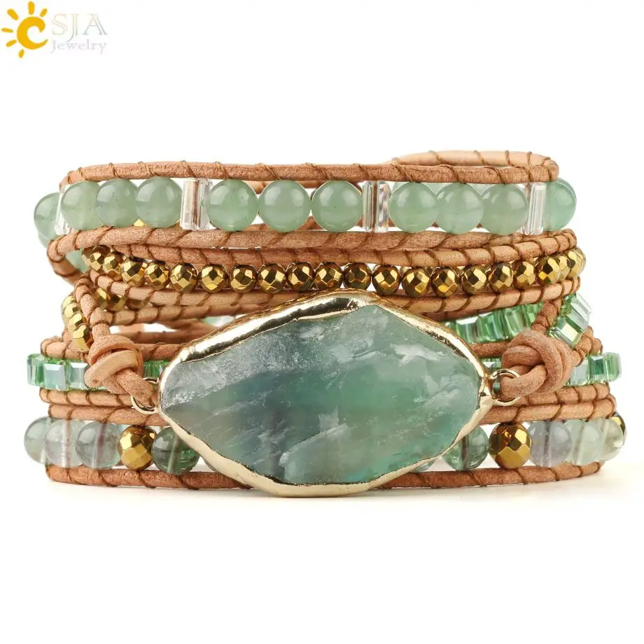 CSJA Natural Stone Bracelets Green Fluorite Crystal Aventurine Bead Leather Wrap Bracelet Multilayer Boho Jewelry Pulseira G118