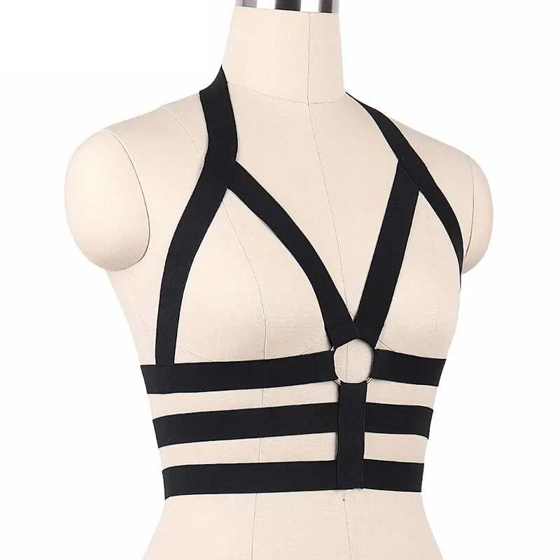 Bralette noire à bretelles, Bustier ajustable, harnais de Bondage, ceinture, vêtements fétiches, haut court, body O0053