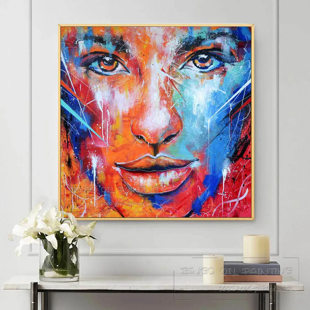 Professional Painter Hand-painted High Quality Abstract Lady Face Oil Painting on Canvas Beauty Color Lady Figure Oil Painting