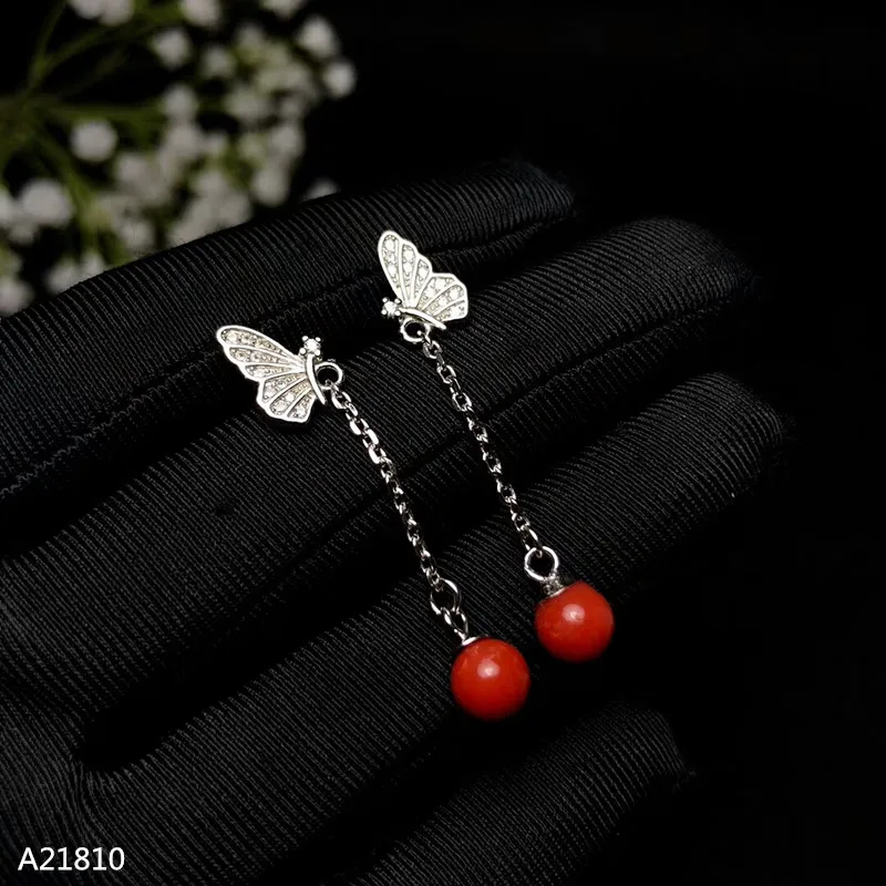 

KJJEAXCMY fine jewelry 925 pure silver inlaid natural red coral fire color female fringe Tassel Earrings can be detected