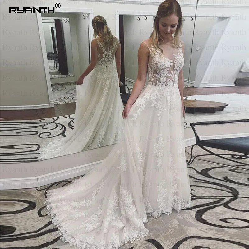 Ryanth Vestidos De novia playa Vestidos De novia 2019 una línea tul apliques Bohemia boda Vestido novia Bohemia Vestidos para novia