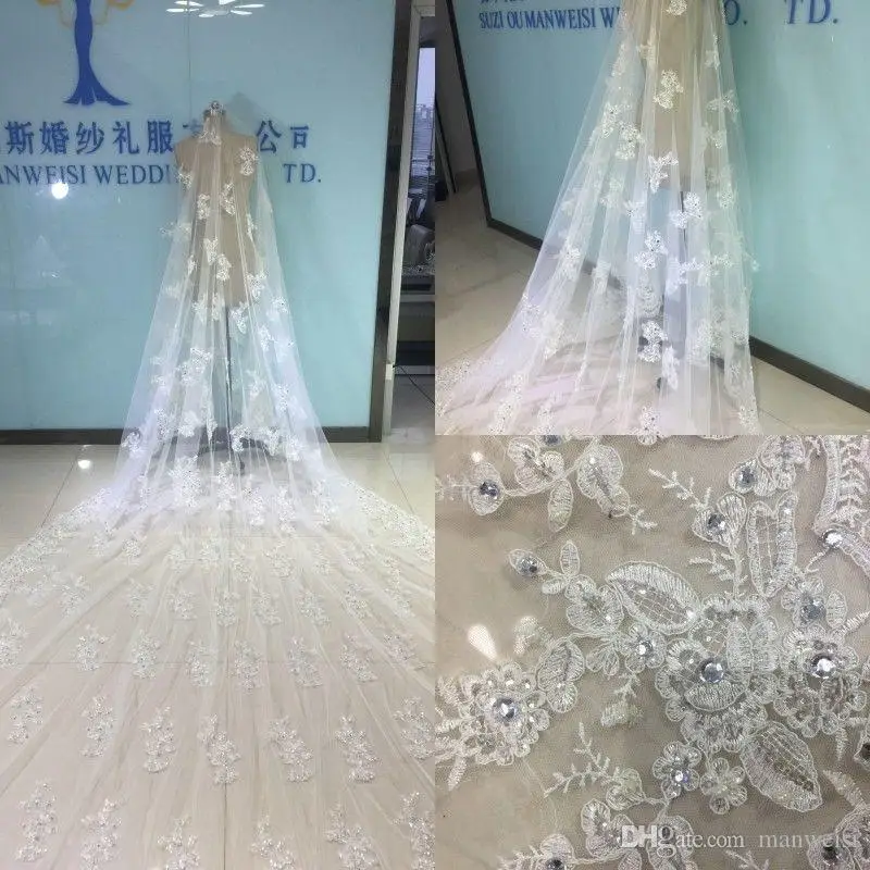 Luxury Bridal Veils Cathedral Length With Free Comb 5 M Long White Ivory Lace Applique Beads Crystal Wedding Veils