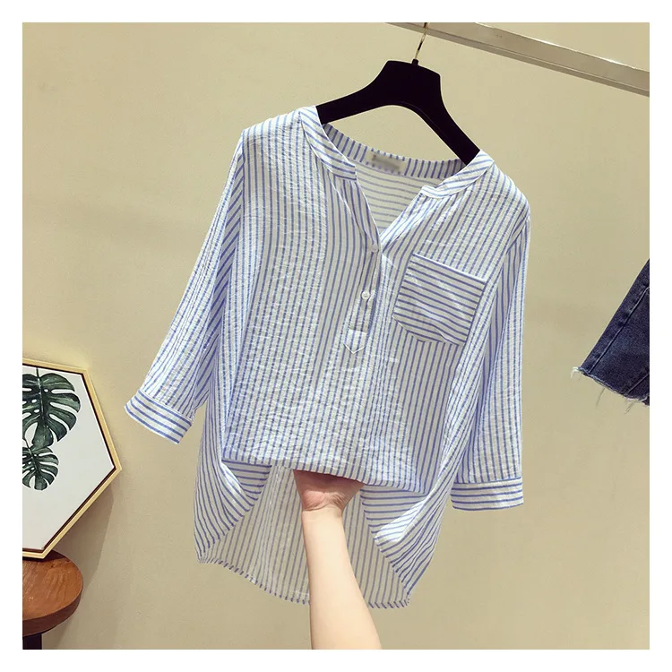 Striped Shirt Female New Summer Chiffon Loose V Collar Blouse Clothes Three Quarter Sleeved Casual Fashion Girl Top Shirts H9006