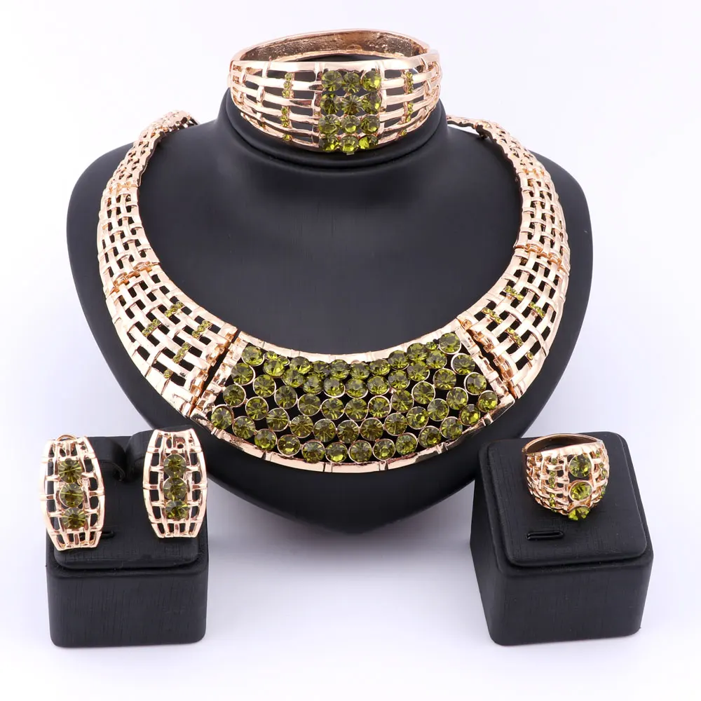 

Dubai Gold Color Crystal Necklace Bangle Earrings Ring Sets Nigerian Wedding African Costume Jewelry Set