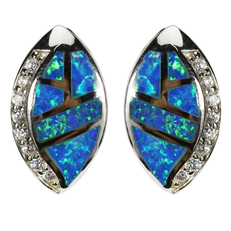 

RH0037 Oval Design Blue Opal White Zricon Women Stud Earrings 925 Sterling Silver Fashion Jewelry