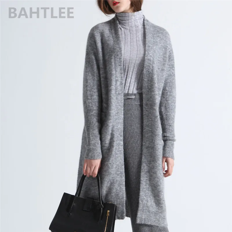 BAHTLEE-Women\'s Mohair Cardigan Sweater with Pocket, V-Neck, Knitted, Monochromatic, Long Sleeves, Wool Coat, Casual, Lazy Style