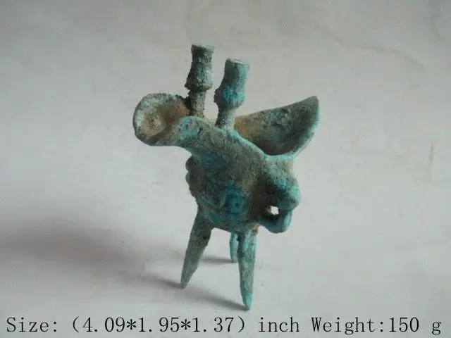 

Elaborate Chinese antique imitation old shang dynasty bronze surface rust, tripod legs wine cup No.2