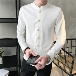 Camisa masculina de manga comprida estilo chinês, roupas slim fit para escritório social, gola mandarim, nova, 2023