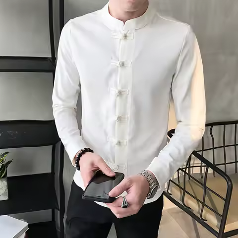 2026 Spring New Men Shirt Chinese Style Clothing Slim Fit Long Sleeves Shirt Camisa Social Office Wear Mandarin Collar Shirt