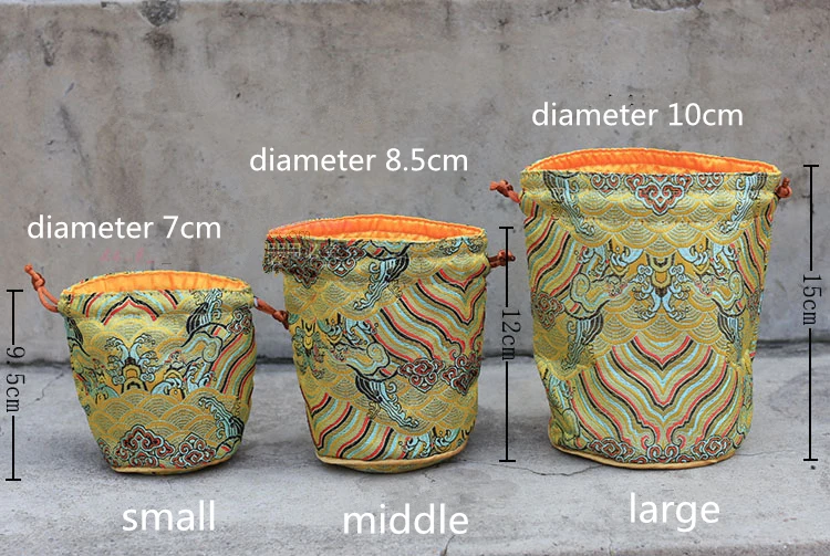 3 size Seawater Women Round Bottom Drawstring Bucket Bags Fabric Gift Packaging Chinese Silk Brocade Jewelry Pouches 10pcs