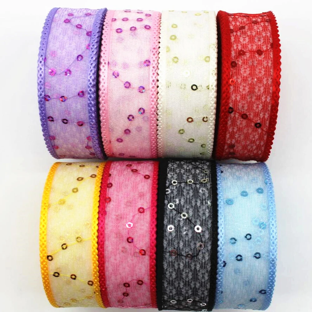 New 1 '25mm 20 yard lace double ribbon DIY handmade materials lace headwear bow sequins colorful wholesale  Net yarn  gauze