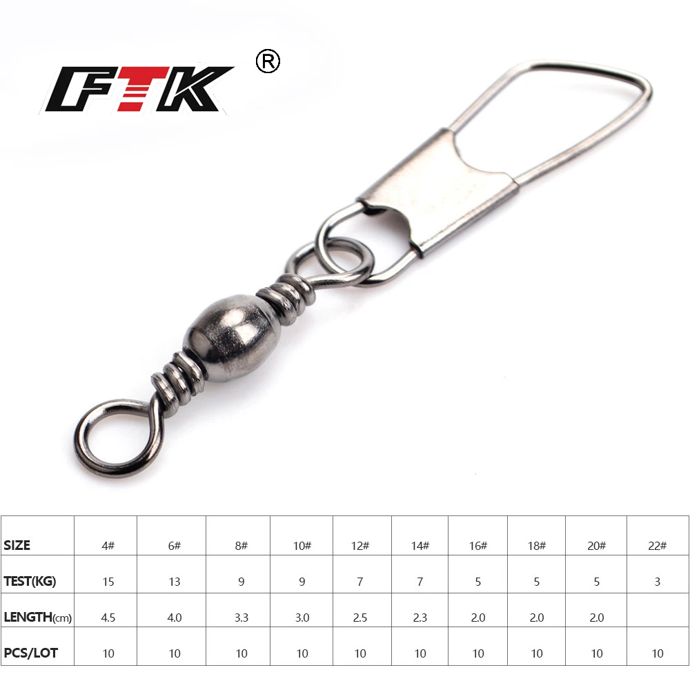 FTK 1 Pack 10PCS/Lot 4#-22# Fishing Swivel Barrel Swivels With Snap FishHook Lure Connector Terminal Fishing Tackle Shop