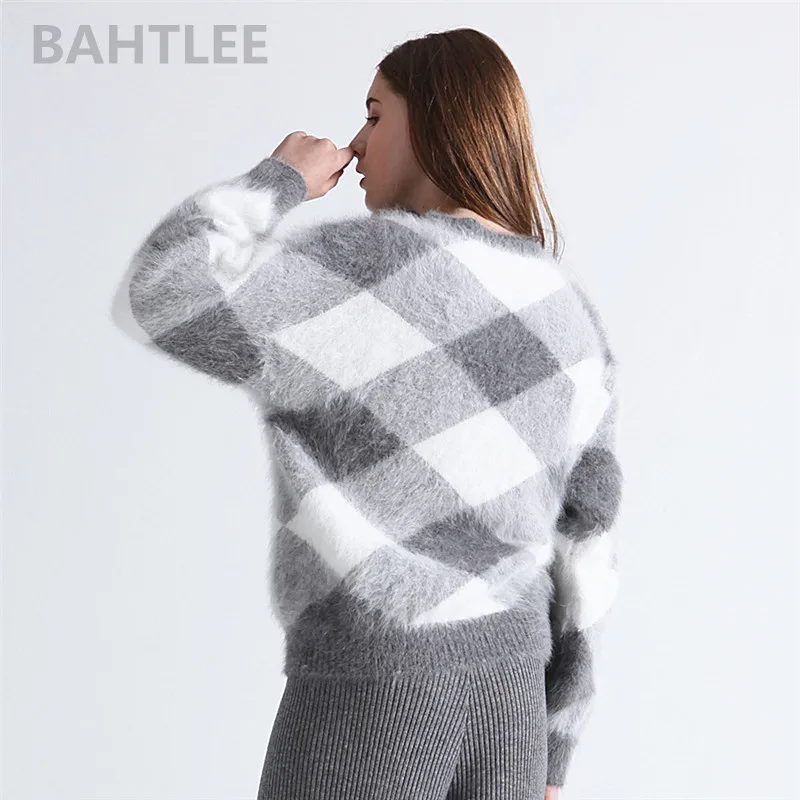 BAHTLEE-Women\'s Angora Rabbit Knitted Lantern Sleeves Pullovers, Sweater, Colorblock Diamond, Geometry Loose Style, Winter