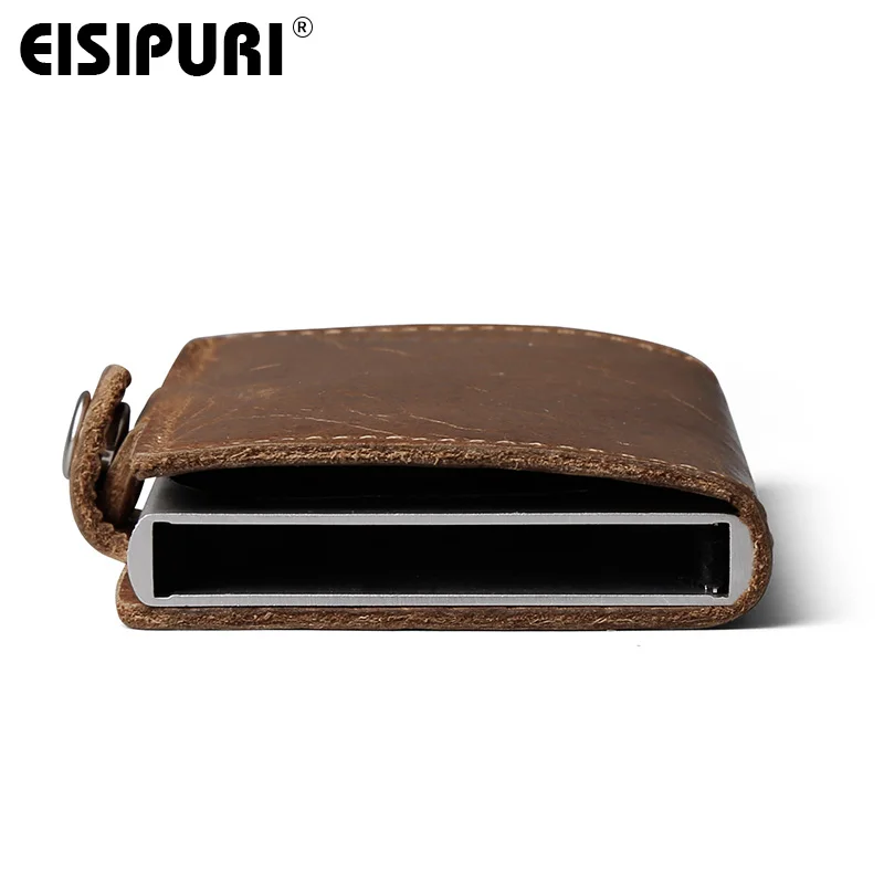 Eisipuri Mannen Blokkeren Rfid Portemonnee Mini Echt Koe Lederen Aluminium Creditcardhouder Purse Automatische Pop Up Card Case