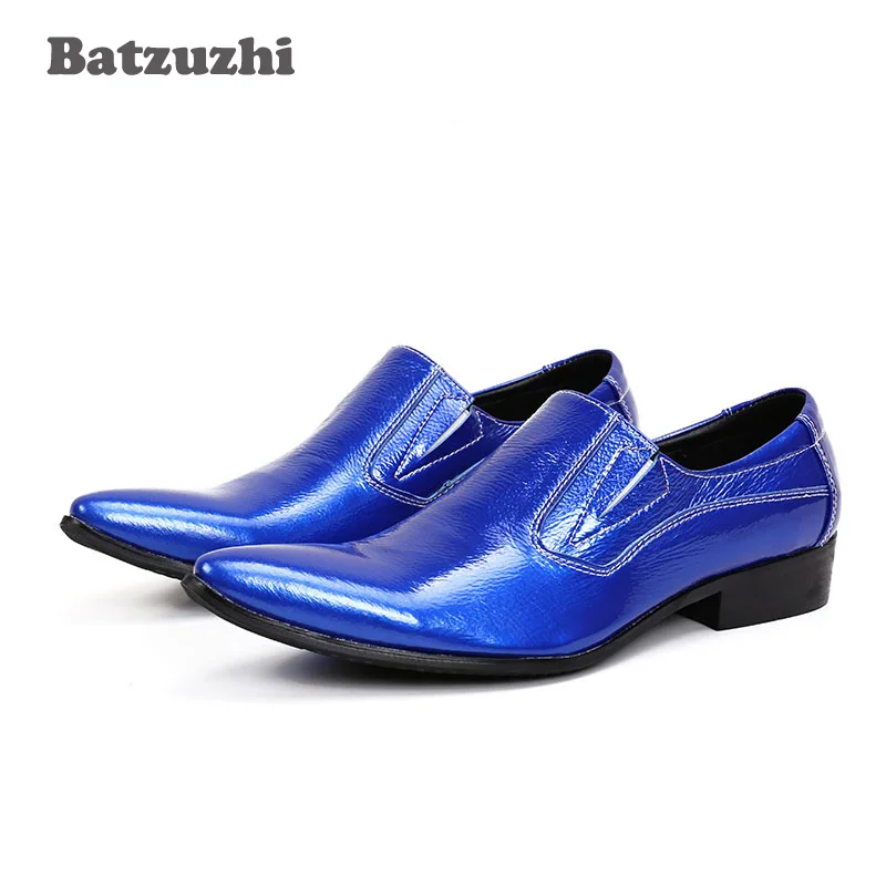 Batzuzhi Fashion Formal Blue Men Dress Shoes Genuine Leather Luxury Wedding Male Shoes White Suit Shoes Zapatos Hombre, Size 46