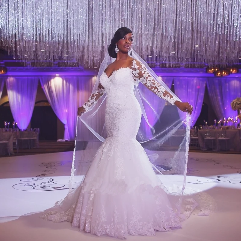 Vestido de fiesta de boda de sirena, manga larga, romántico, con apliques de encaje, hecho a medida