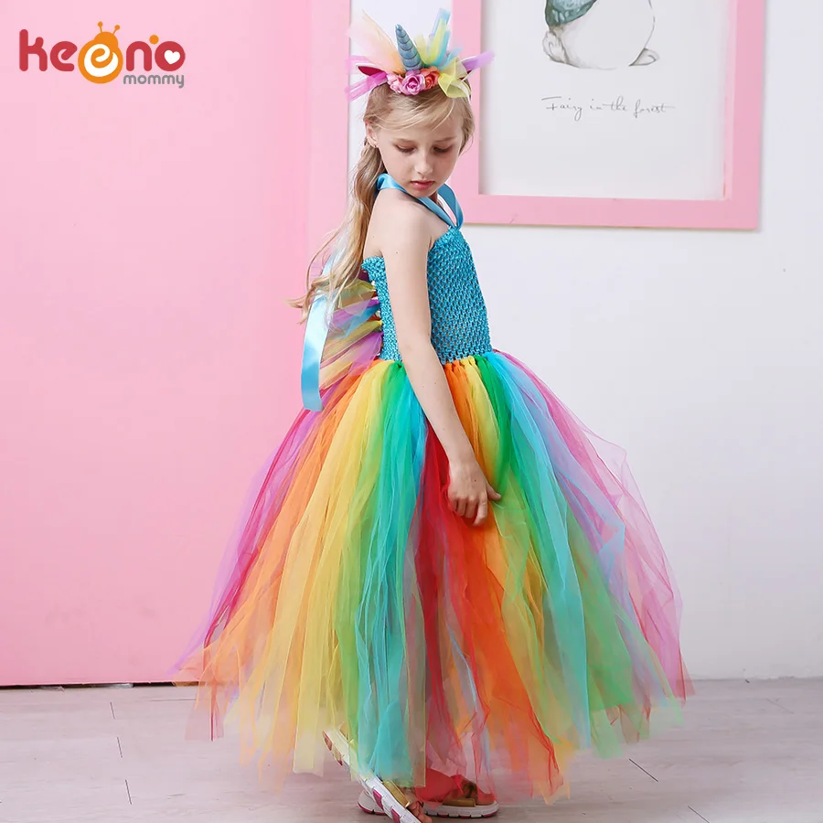 

Fluffy Rainbow Dash Girls Tutu Dress with Headband Princess Kids Pony Birthday Party Tutu Dress Girl Halloween Carnival Costume