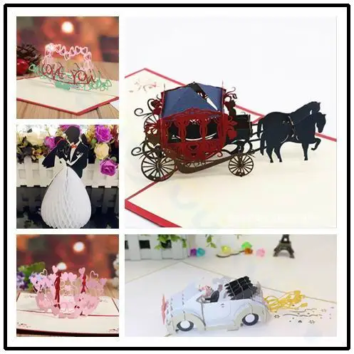 Carro de boda Tarjeta de invitación de papel 3D Tarjeta de felicitación de boda para eventos Tarjeta emergente para el Día de San Valentín Suministros de invitaciones para fiestas
