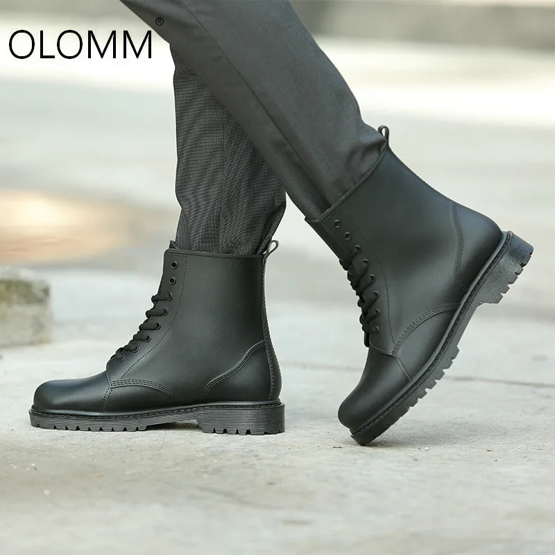 Botas de lluvia para Hombre, botines impermeables de PVC con cordones, color negro, estilo Chelsea