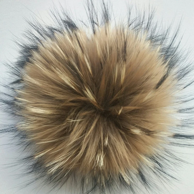 Bola de Pelo de mapache de Animal realmente Natural, pompón grande con hebilla, broche, Pin, gorros de punto, accesorios para gorras, 12-15cm