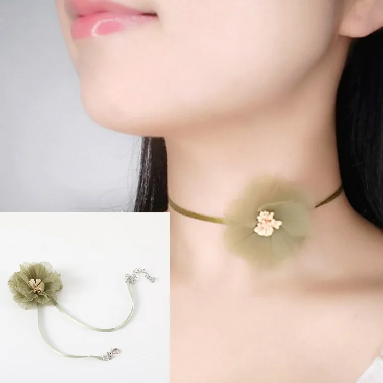 2019 South Korea's New Light Green Fresh Little Fairy Forest Flowers Ribbon Mesh Short Elegant Necklace Necklace Jewelry