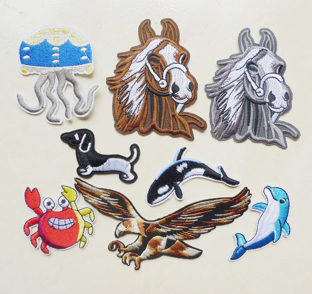 Eagle Horse Dolphin Crab Dog Jellyfish Animal Embroidery Iron on Patches For Clothing Jeans Applique Sew Badges Stripe Stickers