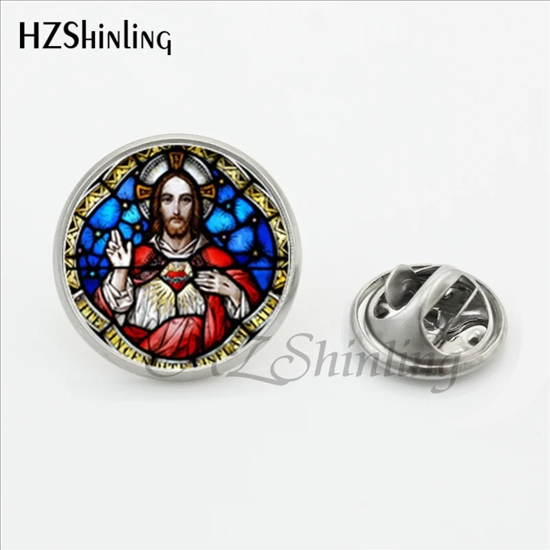 2017 New All Saints Catholic Church Sacred Heart Brooch Christian Glass Jewelry Lapel Pins Stainless Steel Collar Pin