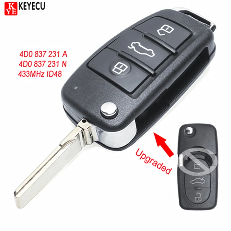 Keyecu Upgraded Flip Remote Car Key Fob 433MHz ID48 for Audi TT RS4 A3 A4 A6 A8 P/N: 4D0837231A / 4D0837231N