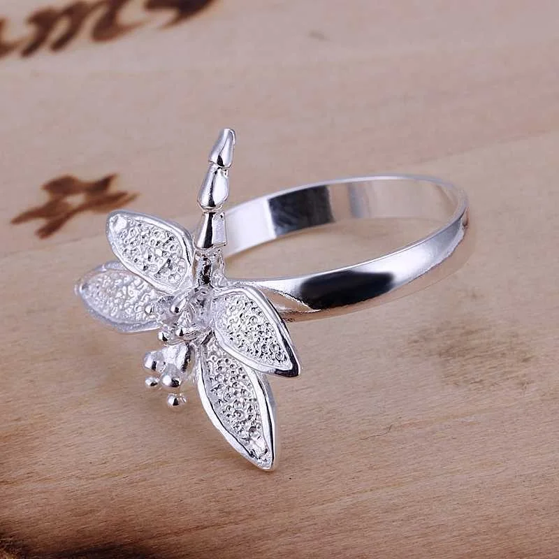 OMHXZJ Wholesale European Fashion Woman Girl Party Wedding Gift Silver Dragonfly AAA Zircon 925 Sterling Silver Ring RR153 image 4