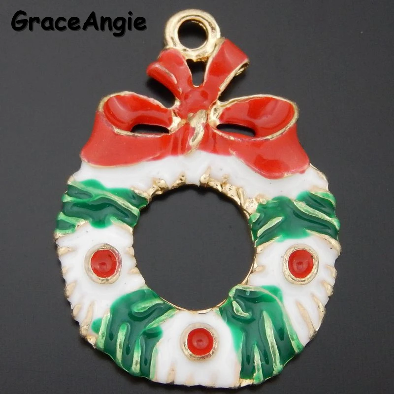 GraceAngie 10PCS Christmas Wreath Style Enamel Zinc Alloy Jewelry Necklace Pendant Bracelet Charms Handmade Craft DIY Gifts