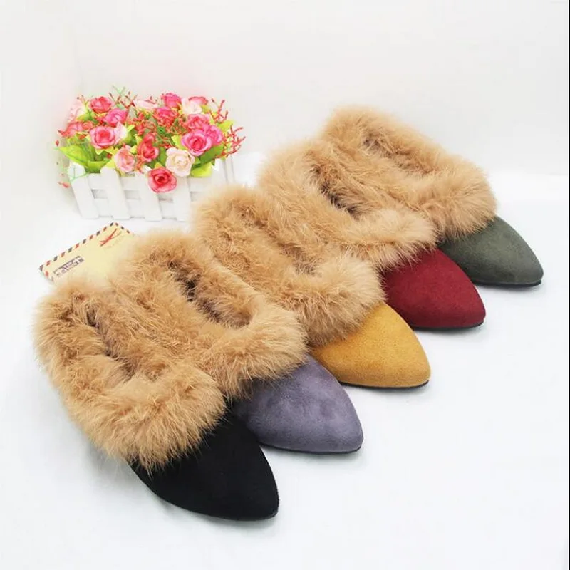 2020 Autumn And Winter Flat-bottomed Pointed Rabbit Fur Shoes Plus Velvet Warm Cotton Shoes Small Size 31-32-33 Large Size 41-43