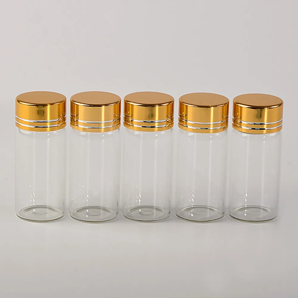 50pcs 10ml Glass Bottles Aluminium Screw Golden Cap Empty Transparent Clear Liquid Gift Container Wishing Bottle Jars