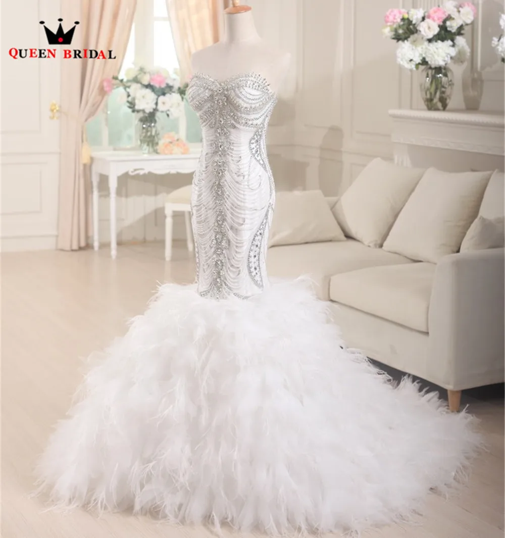 100% real photo luxury sexy sereia vestidos de casamento 2022 frisado cristal penas vestidos de casamento vestidos de noiva rainha nupcial xd46