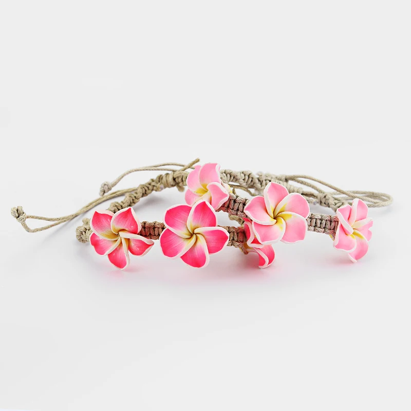 8Pcs/lot Clay Plumeria Flower Wax Cord Bracelets Lucky Friendship Surfer Fashion Handmade Braided Bracelets For Girls Women