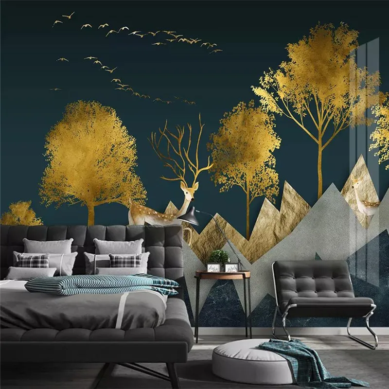 Specializing in the production of wallpaper murals modern abstract geometric golden forest elk background wall painting