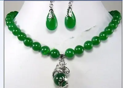 Jewelry beautiful 10mm green jade earring dragon pendant Necklace set new - watch wholesale Quartz stone CZ crystal