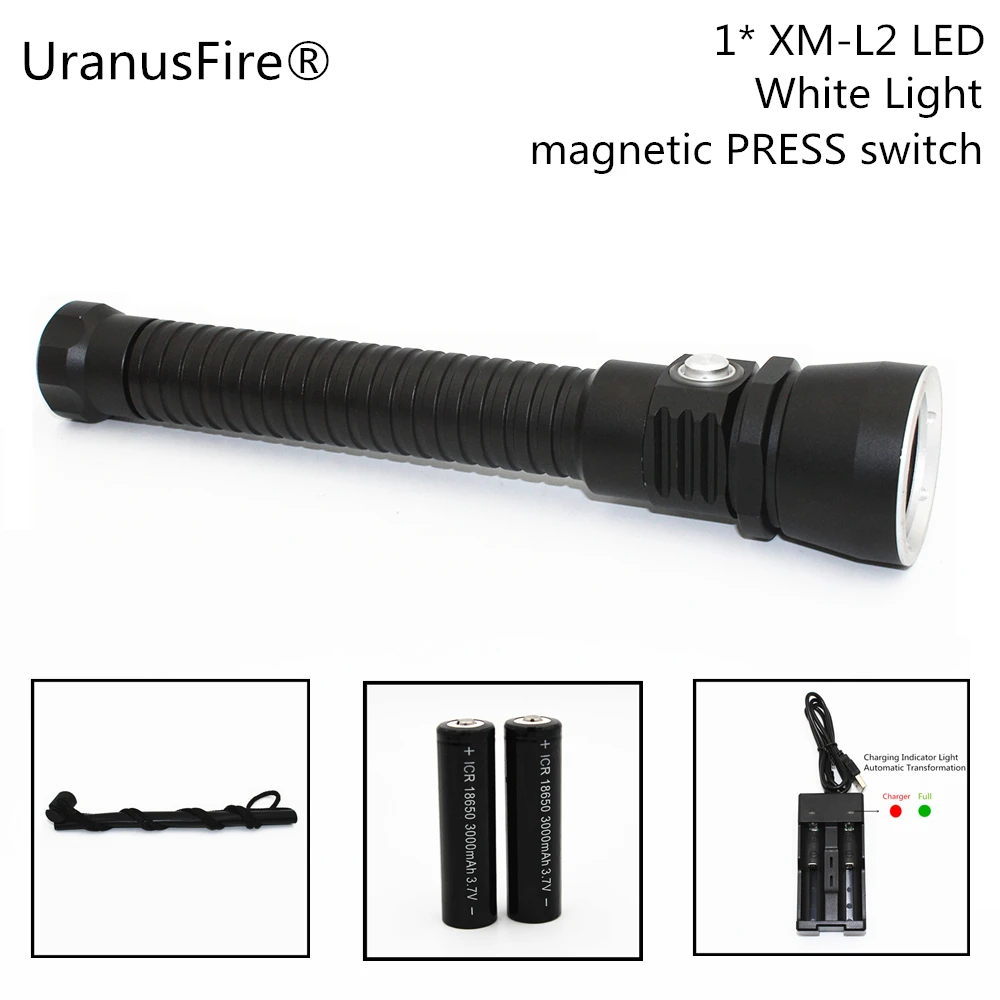 

UranusFire White Light Diving Flashlight L2 LED 1200LM 10W Underwater 100M Waterproof Torch Power by 18650 Battery