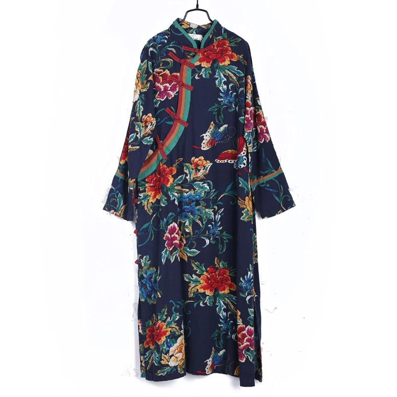LZJN-Damska sukienka z długim rękawem, bawełniana pościel, Cheongsam, Qipao, kwiatowy, nadruk z motylem, tradycyjna chińska szata, lato jesień