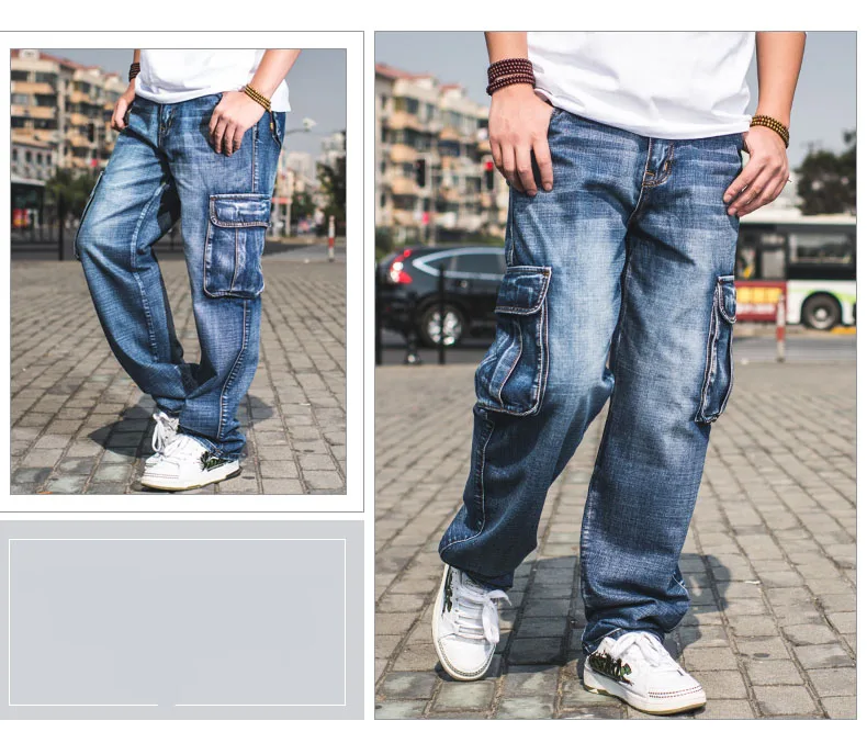 Idopy Men`s Cargo Jeans Multi Pockets Hip Hop Style Loose Fit Street Designer Vintage Denim Pants Trousers Plus Size 30-46