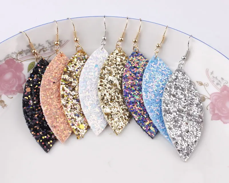 ZWPON 2019 New Spring Marquise Glitter Leather Leaf Earrings for Women Fashion Sequins Looking Various MultiColors Jewelry Long