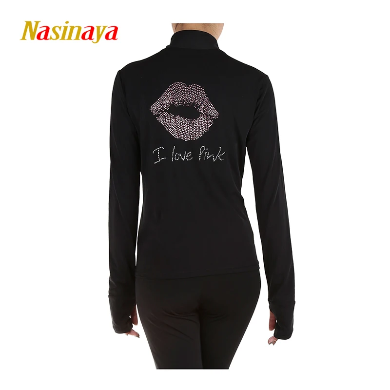 

Red Lip Sequin Black Figure Skating Jacket Zipper Nylon Spandex Top Girl Women'S Training Competition Patinaje