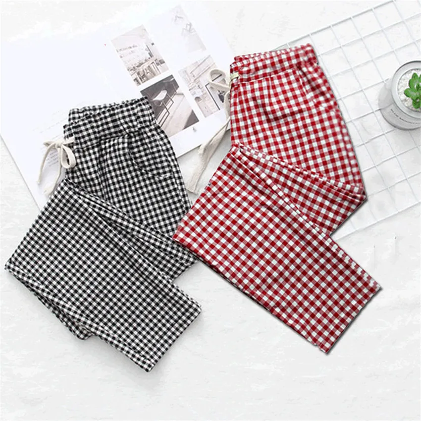 

Gowyimmes Summer Big Size Women Cotton and Linen Pants Casual Harem Pant Black White Plaid Trousers Female Ankle-length Pant 439