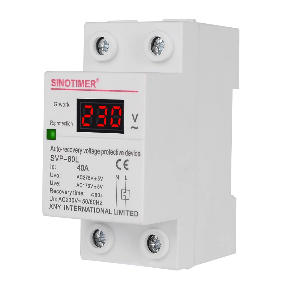 Home Usage 40A 63A Din Rail 230Vac 50Hz Automatic Reset Over and Under Voltage Protective Device Protector Relay