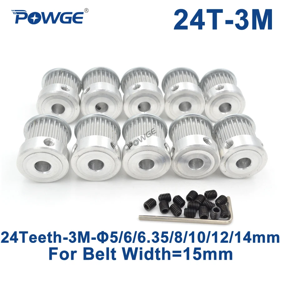 

POWGE 10pcs 24 Teeth HTD 3M Timing Pulley Bore 5/6/6.35/8/10/12/14mm for Width 15mm 3M Synchronous belt pulley HTD3M 24T 24Teeth